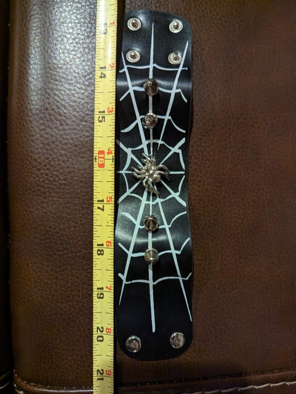 Vtg. Halloween Black Faux Leather Bracelet with a Silver Tone Spider and Spikes